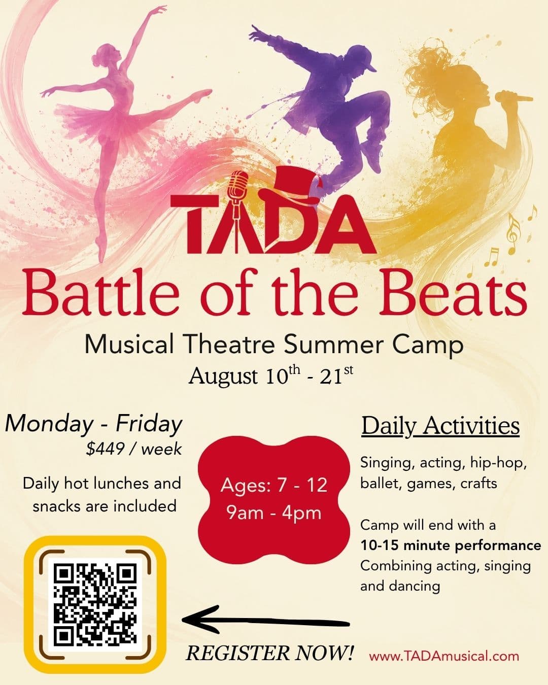 Battle of the Beats 2026 summer-camp poster with dates, ages, hours, tuition, activities, and included meals